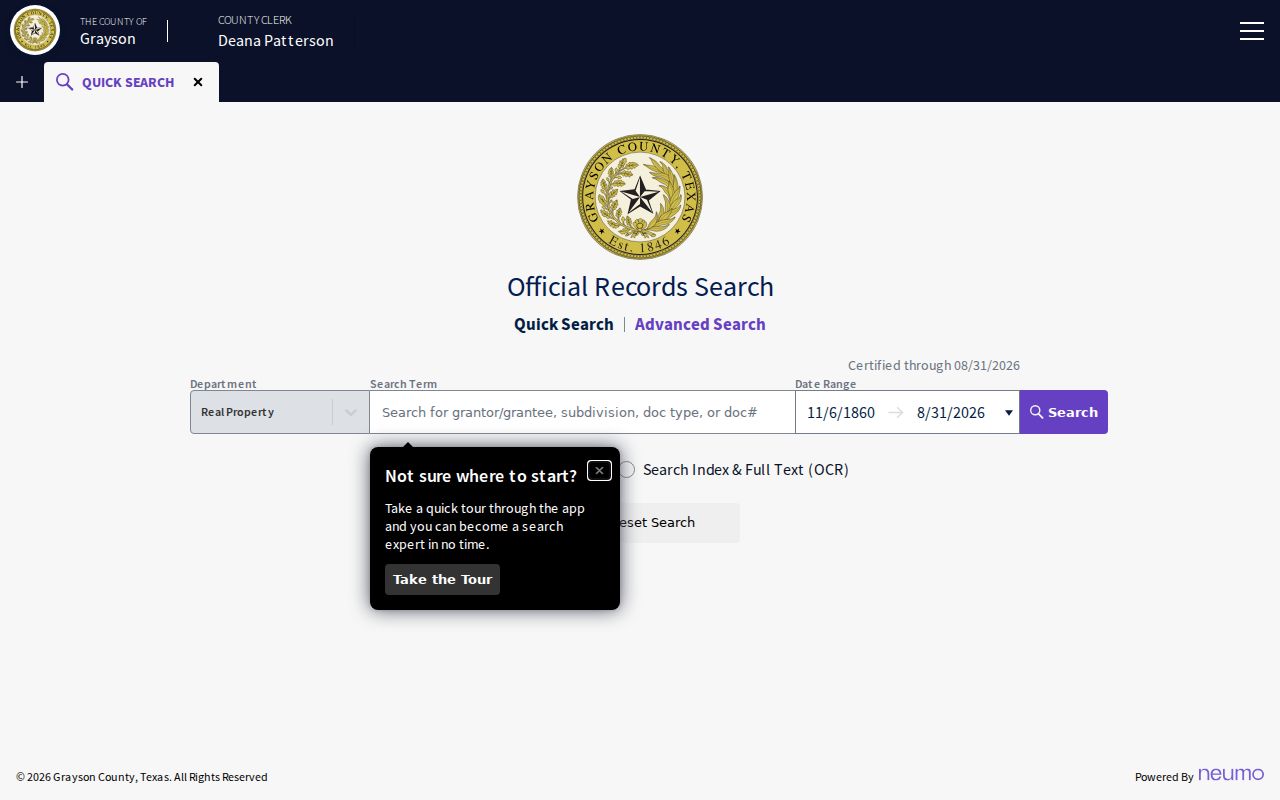 Denison residents directory view of Grayson County official deed records search