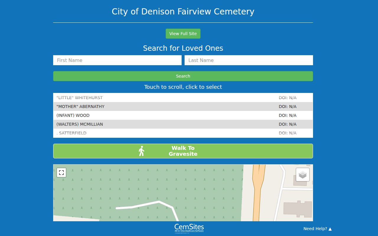 Denison neighbors source showing Fairview Cemetery name search